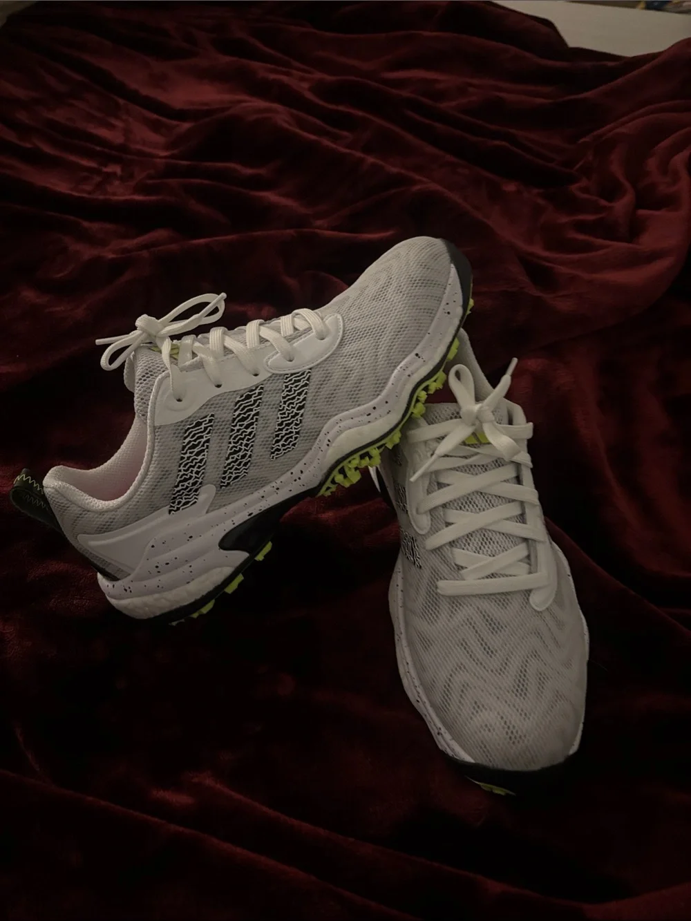 adidas White Athletic Running Shoes with Black and Lime Accents
